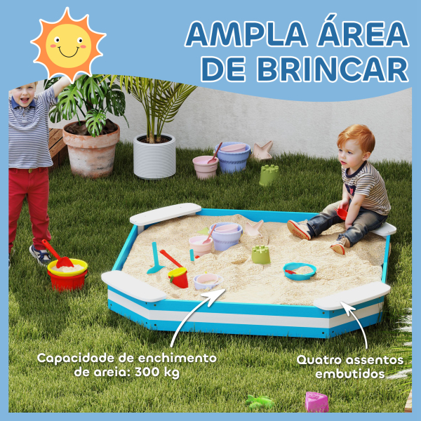 AIYAPLAY Caixa de Areia para Crianças acima de 3 Anos Quadrada com 4 Assentos para Exterior 133x133x16 cm Azul e Branco - Image 4