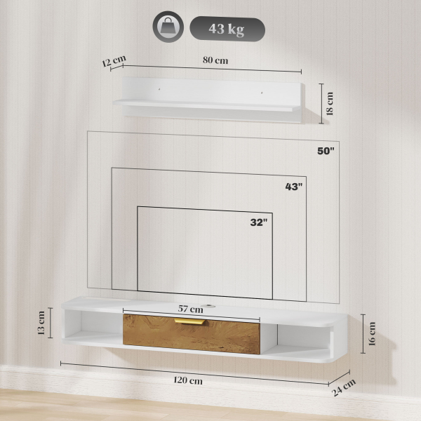 HOMCOM Móvel de TV Sala de Estar com Prateleira de Parede Armário Orifícios para Cabos para Televisão de Parede 120x24x16 cm Branco - Image 3