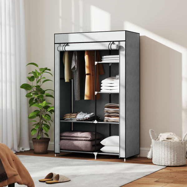 HOMCOM Roupeiro de Tecido Dobrável com 6 Prateleiras e 1 Barra de Pendurar para Dormitório Vestidor 103x43x162,5cm Cinza - Image 2