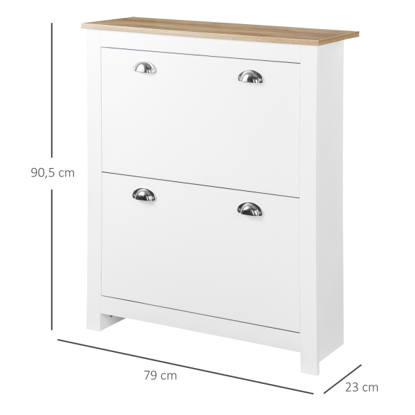 HOMCOM Sapateira Estreita de Entrada com 2 Gavetas Abatíveis Prateleiras Ajustáveis para 12 Pares de Sapatos 79x23x90,5 cm Branco - Image 3