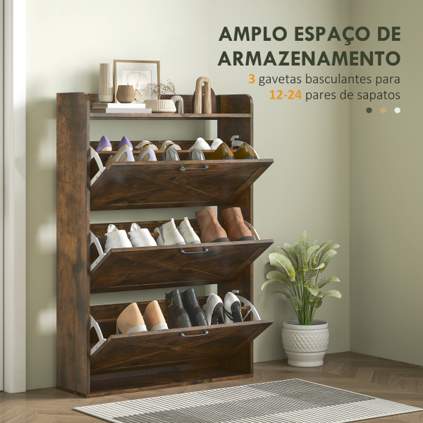 HOMCOM Sapateira de 3 Portas com Prateleiras Ajustáveis Estilo Industrial para 24 Pares de Sapatos 80x24x118 cm Castanho Rústico - Image 4