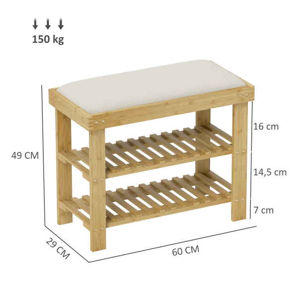 HOMCOM Banco Sapateira de Bambu Sapateira com Assento Almofadado 2 Prateleiras para 6 Pares de Sapatos 60x29x49 cm Madeira e Creme - Image 3