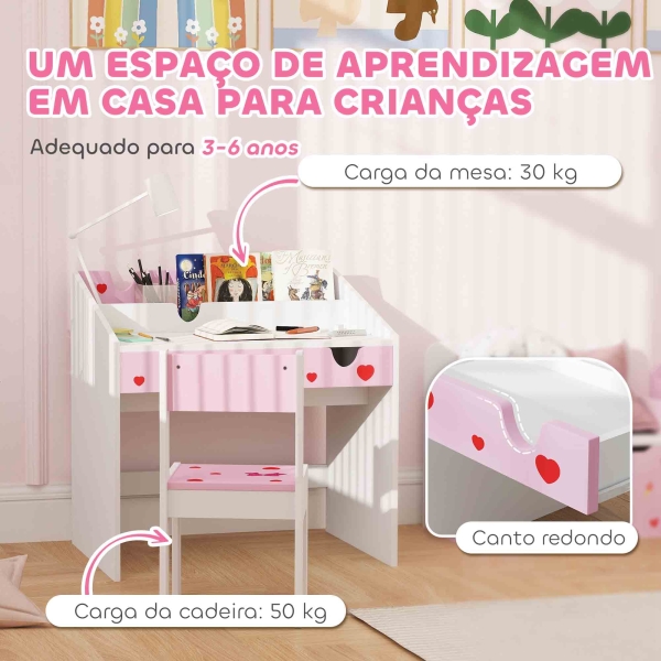 AIYAPLAY Conjunto de Secretária e Cadeira para Crianças com Gaveta Amovível e Compartimento para Dormitório Sala de Jogos Rosa e Branco - Image 7