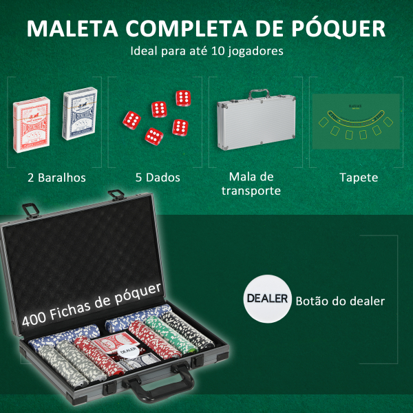 SPORTNOW Mala de Póquer com 400 Fichas 2 Baralhos 5 Dados Tapete e Botão Dealer 39,5x28x8 cm Cinza - Image 4