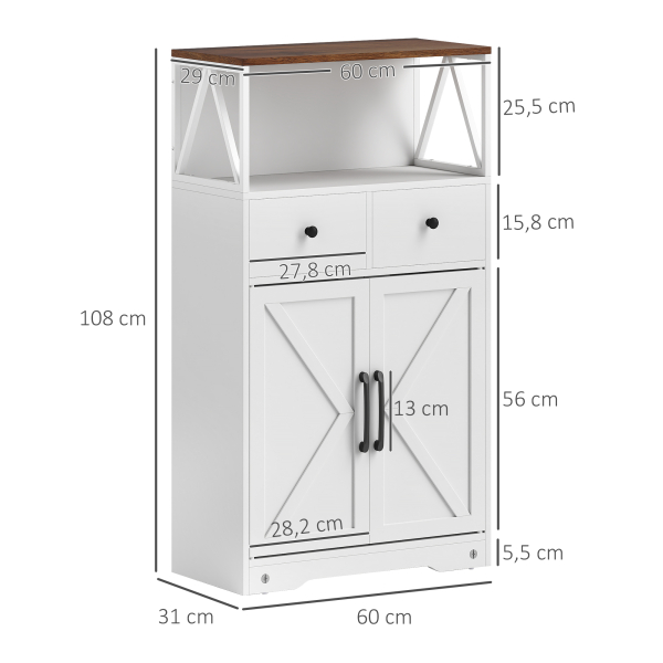 HOMCOM Aparador Sala de Estar com Prateleiras Gavetas Portas Estilo Celeiro Aparador para Cozinha 60x31x108 cm Branco - Image 3