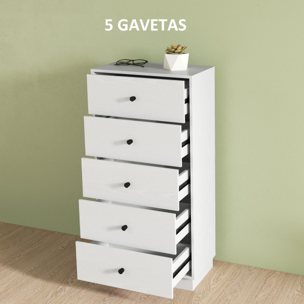 HOMCOM Cómoda com 5 Gavetas Cómoda de Quarto Estreita com Anti-Tombo Gaveteiro Alto para Sala de Estar Corredor 47x29x95 cm Branco - Image 4