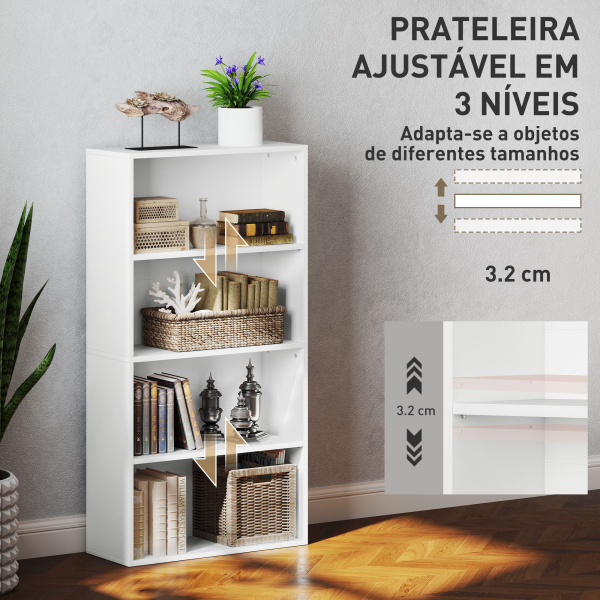 HOMCOM Estante de 4 Níveis Estante para Livros com 2 Prateleiras Ajustáveis para Sala de Estar Escritório Quarto 60x24x115,5 cm Branco - Image 5