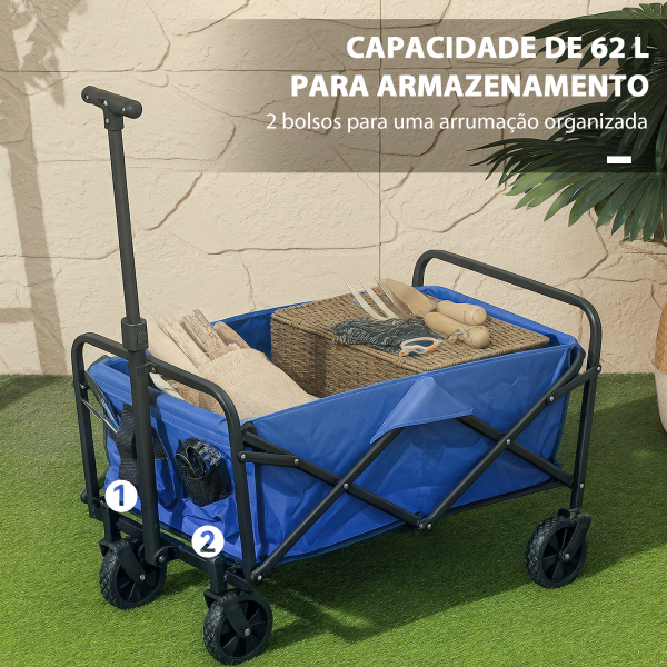 Outsunny Carrinho de Transporte com Rodas Carrinho de Jardim Dobrável com Pega Telescópica Ajustável 2 Bolsas de Arrumação 64x42x27 cm Azul - Image 4