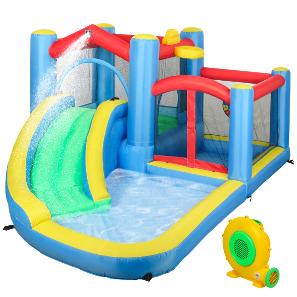 AIYAPLAY Castelo Insuflável 5 em 1 Parque Aquático Insuflável para Crianças com Escorrega Piscina Alvo e Cesta  385x290x180 cm Multicor