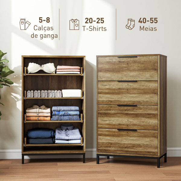 HOMCOM Cómoda de 4 Gavetas Cómoda para Dormitório Alta com Puxadores Metálicos Cómoda Estreita para 62x35x105 cm Castanho Rústico - Image 4