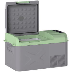 Outsunny Geleira Portátil Elétrica 17,5L -20℃ a +20 ℃ 12V/24V Mini Geleira com Rodas Compressor e Ecrã LED Tátil 61x34x32,4 cm Cinza e Verde