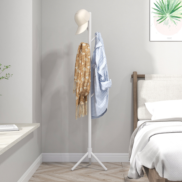 HOMCOM Cabide de Pé de Madeira com 8 Ganchos para Pendurar Roupa e Bolsas para Corredor Entrada 40x40x165 cm Branco - Image 2