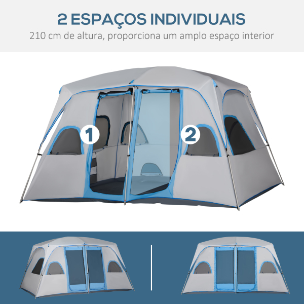 Outsunny Tenda de Campismo Familiar para 4-8 Pessoas com 2 Quartos 2 Bolsos e Janelas com Malha Impermeável 400x275x210 cm Cinza - Image 7
