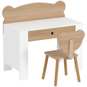 AIYAPLAY Secretária para Crianças com Cadeira em Forma de Ursinho Secretária Infantil com Gaveta para Estudar Ler e Desenhar Branco e Madeira
