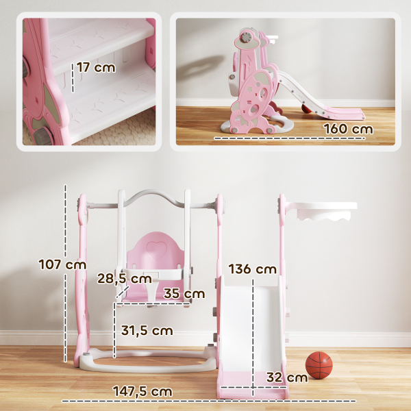 AIYAPLAY Escorrega Infantil 4 em 1 Parque Infantil com Baloiço e Escorrega Escalador Cesto de Basquetebol 147,5x160x107 cm Rosa - Image 3