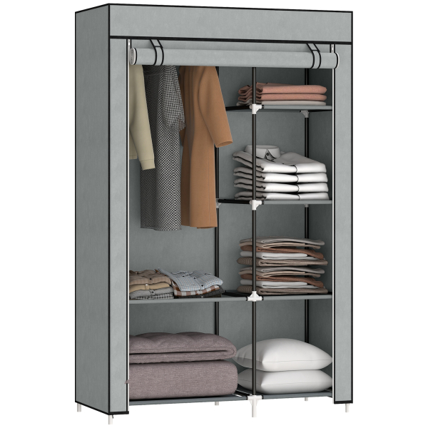 HOMCOM Roupeiro de Tecido Dobrável com 6 Prateleiras e 1 Barra de Pendurar para Dormitório Vestidor 103x43x162,5cm Cinza - Image 9