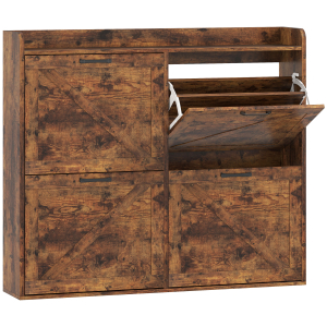 HOMCOM Sapateira de 4 Portas com Prateleiras Ajustáveis Estilo Industrial para 24 Pares de Sapatos 120x24x103 cm Castanho Rústico