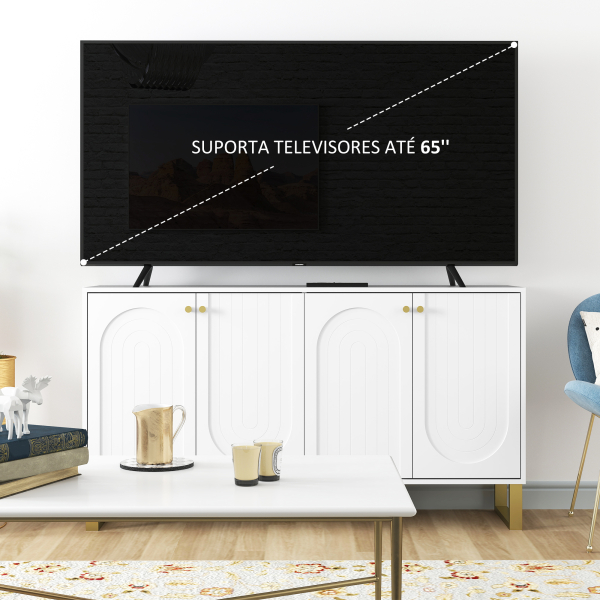HOMCOM Aparador Moderno para Sala de Estar com Prateleiras Ajustáveis e Pés Dourados Móvel para TV até 65 Polegadas 140,8x35x77,5 cm Branco - Image 6