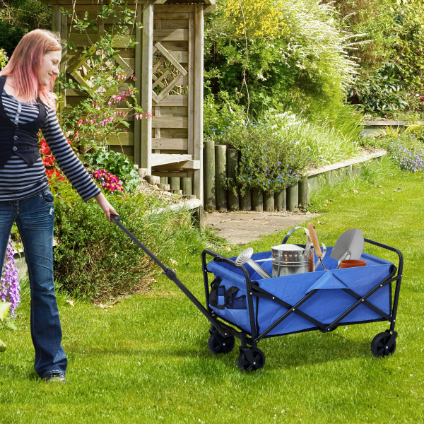 Outsunny Carrinho de Transporte com Rodas Carrinho de Jardim Dobrável com Pega Telescópica Ajustável 2 Bolsas de Arrumação 64x42x27 cm Azul - Image 2