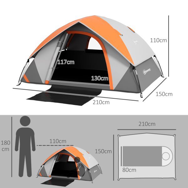 Outsunny Tenda de Campismo Dobrável para 2 Pessoas com Janela e Bolsa de Transporte Impermeável 3000 mm 210x110x150 cm Laranja - Image 3