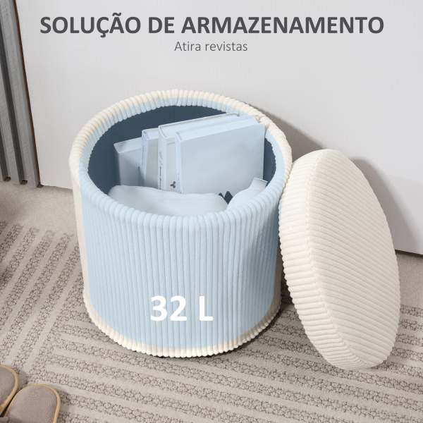 HOMCOM Puff de Arrumação Baú de Arrumação Redondo Estofado em Veludo Cotelê  Tampa Removível Ø40x41 cm Creme - Image 6