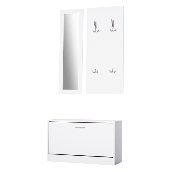 HOMCOM Móvel Cabide de Entrada de 3 Peças Armário de Entrada com Cabide Espelho e Sapateira 80x27x46,5cm Branco