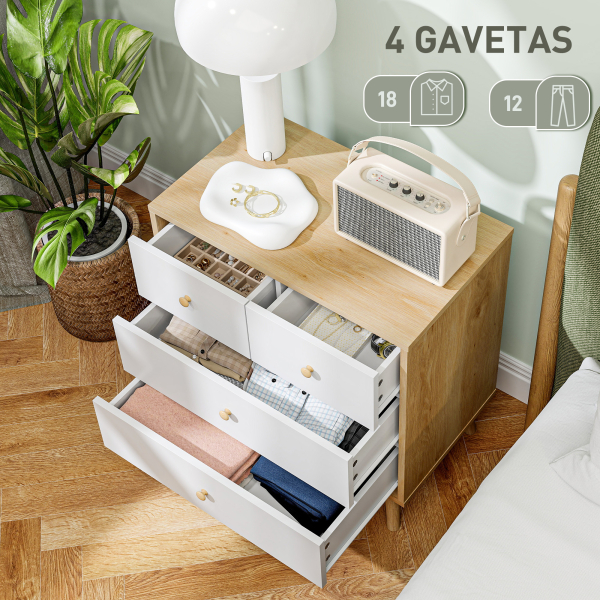 HOMCOM Cômoda de 4 Gavetas com Puxadores de Madeira Cómoda Estreita para Sala Corredor 60x35x65 cm Madeira e Branco - Image 4