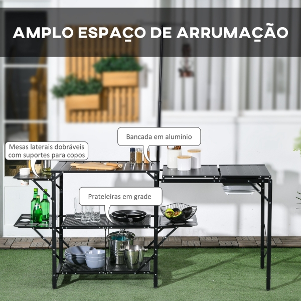 Outsunny Mesa de Campismo de 3 Níveis Dobrável com Prateleiras de Armazenamento Suporte para Candeeiro e Bolsa de Transporte 173x52x80-174 cm Preto - Image 4