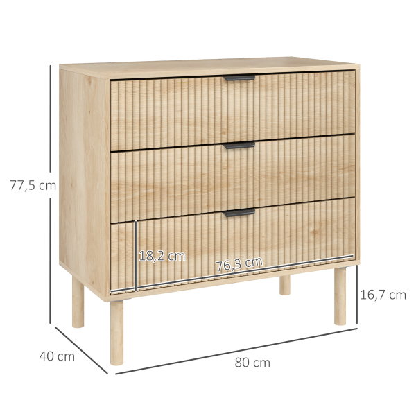 HOMCOM Cómoda com 3 Gavetas Cómoda Dormitório Estilo Nórdico com Painéis Ripados e Puxadores Metálicos 80x40x77,5 cm Madeira - Image 3