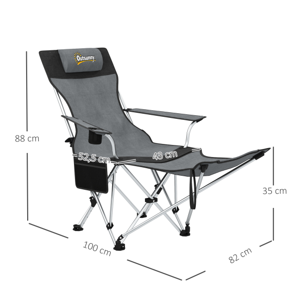 Outsunny Conjunto de 2 Cadeiras Dobráveis Campismo com Apoio para a Cabeça Porta-Copos e Bolsa Lateral 50-100x82x88 cm Cinza e Preto - Image 3