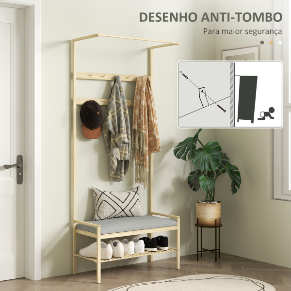 HOMCOM Móvel Cabide de Entrada com Sapateira 10 Ganchos Barra Superior e Compartimento 73,5x34x171 cm Madeira e Cinza - Image 7