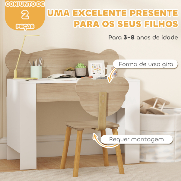 AIYAPLAY Secretária para Crianças com Cadeira em Forma de Ursinho Secretária Infantil com Gaveta para Estudar Ler e Desenhar Branco e Madeira - Image 7