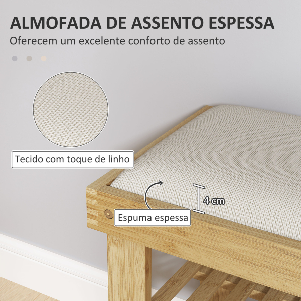 HOMCOM Banco Sapateira de Bambu Sapateira com Assento Almofadado 2 Prateleiras para 6 Pares de Sapatos 60x29x49 cm Madeira e Creme - Image 4