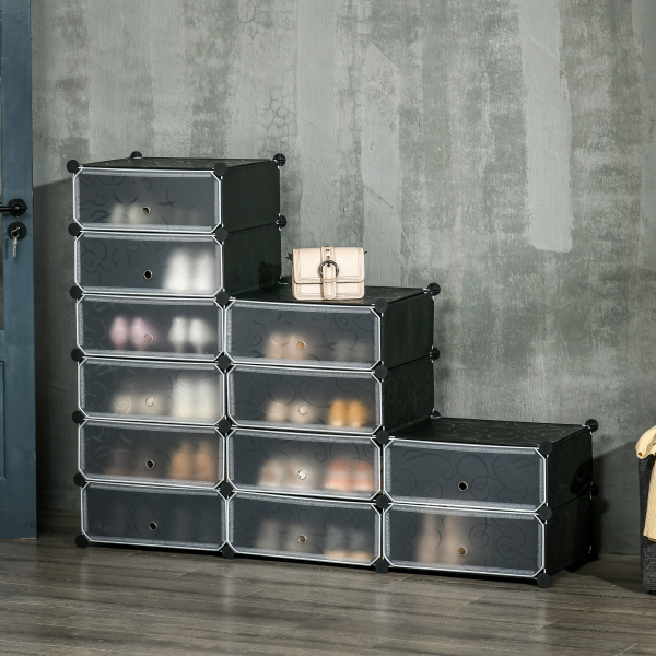 HOMCOM Sapateira Modular de Cubos de Plástico Armário Modular para Sapatos com 12 Cubos com Porta Desenho de DIY 94x37x108 cm Preto - Image 2