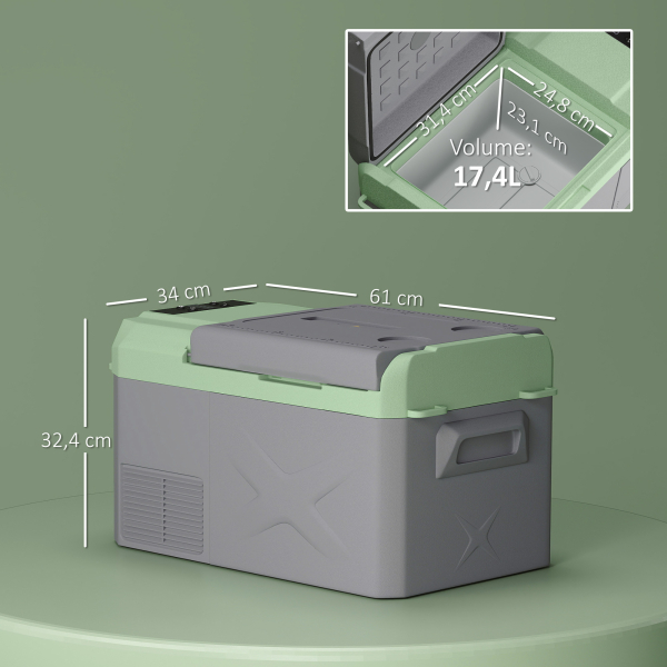 Outsunny Geleira Portátil Elétrica 17,5L -20℃ a +20 ℃ 12V/24V Mini Geleira com Rodas Compressor e Ecrã LED Tátil 61x34x32,4 cm Cinza e Verde - Image 3