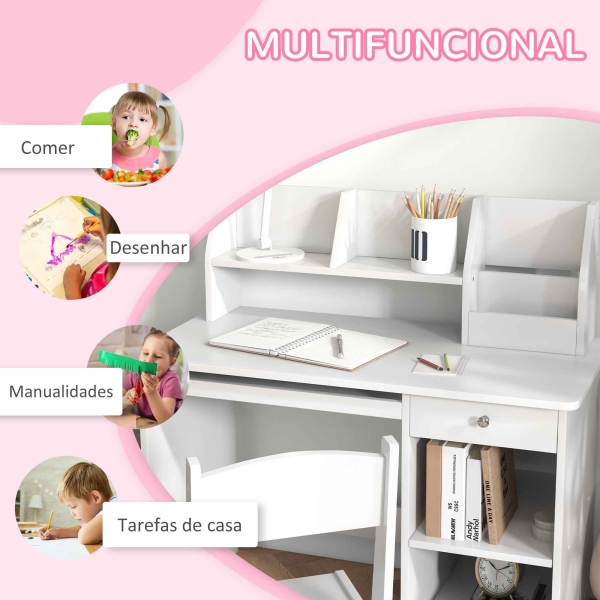 ZONEKIZ Conjunto de Secretária e Cadeira para Crianças com 2 Gavetas e Compartimento para Dormitório Sala de Estudo Branco - Image 5