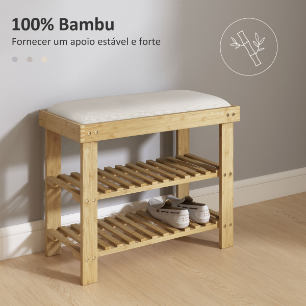 HOMCOM Banco Sapateira de Bambu Sapateira com Assento Almofadado 2 Prateleiras para 6 Pares de Sapatos 60x29x49 cm Madeira e Creme - Image 6