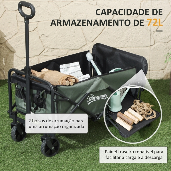 Outsunny Carrinho de Transporte com Rodas Carrinho de Jardim Dobrável com Puxador Telescópico Ajustável Porta Traseira Expansível 114x46x65-92 cm Verde - Image 4