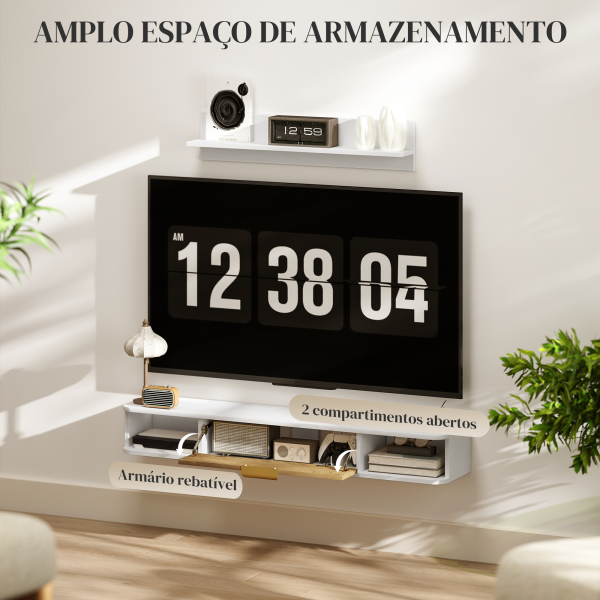 HOMCOM Móvel de TV Sala de Estar com Prateleira de Parede Armário Orifícios para Cabos para Televisão de Parede 120x24x16 cm Branco - Image 5