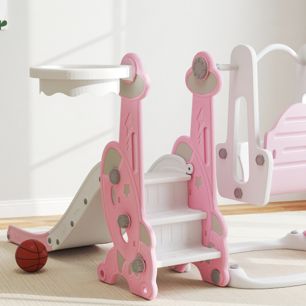 AIYAPLAY Escorrega Infantil 4 em 1 Parque Infantil com Baloiço e Escorrega Escalador Cesto de Basquetebol 147,5x160x107 cm Rosa - Image 9