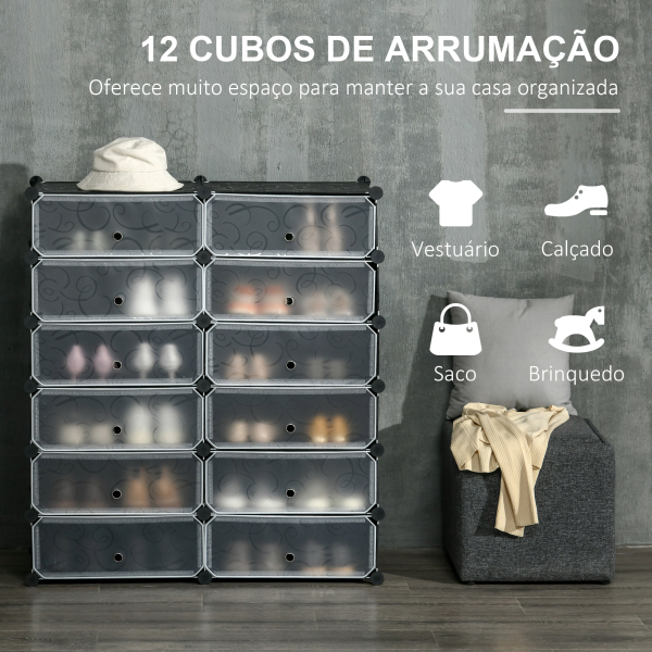 HOMCOM Sapateira Modular de Cubos de Plástico Armário Modular para Sapatos com 12 Cubos com Porta Desenho de DIY 94x37x108 cm Preto - Image 4