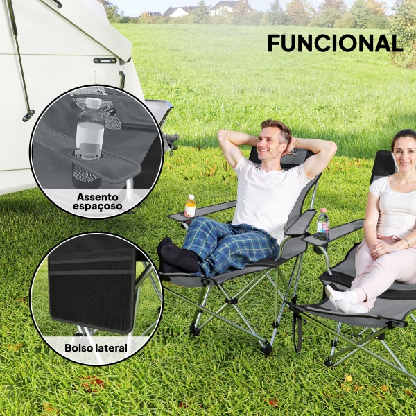 Outsunny Conjunto de 2 Cadeiras Dobráveis Campismo com Apoio para a Cabeça Porta-Copos e Bolsa Lateral 50-100x82x88 cm Cinza e Preto - Image 5