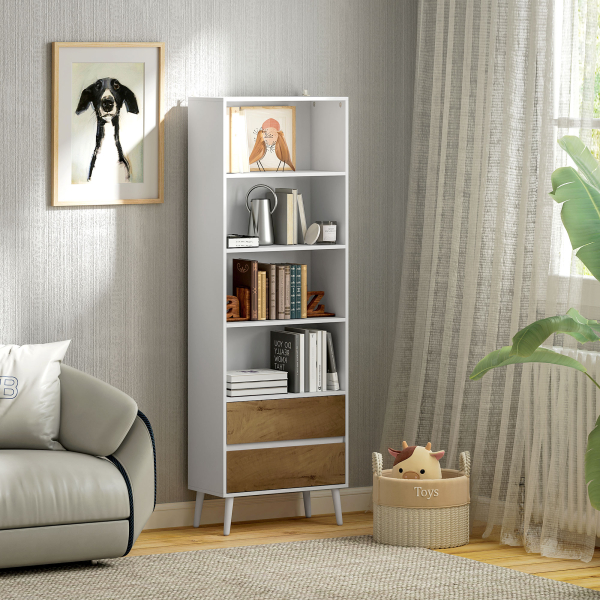 HOMCOM Estante para Livros de 6 Níveis com 2 Gavetas e 4 Prateleiras Abertas para Sala de Estar Escritório  60x30x179 cm Branco - Image 2