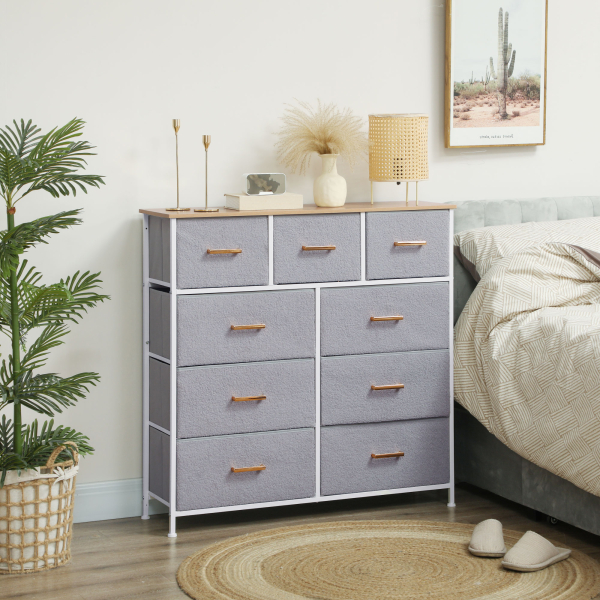 HOMCOM Cómoda com 9 Gavetas Estofada em Borreguito Cómoda de Tela com Estrutura de Aço Cómoda para Dormitório 100x30x99 cm Cinzento - Image 2