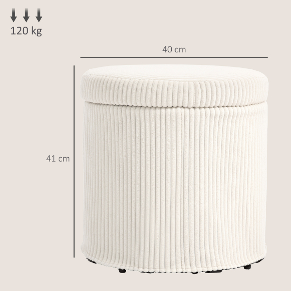 HOMCOM Puff de Arrumação Baú de Arrumação Redondo Estofado em Veludo Cotelê  Tampa Removível Ø40x41 cm Creme - Image 3