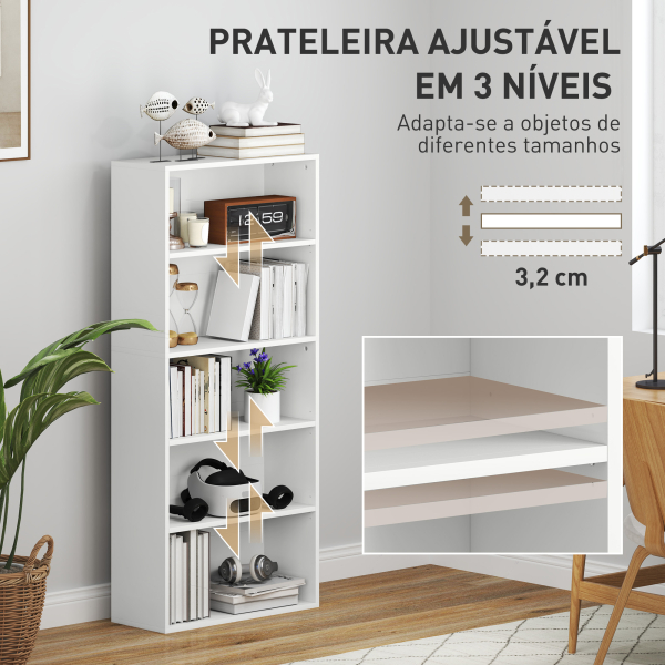HOMCOM Estante de 5 Níveis Estante para Livros com 2 Prateleiras Ajustáveis para Sala de Estar Escritório Quarto 60x24x133,5 cm Branco - Image 5