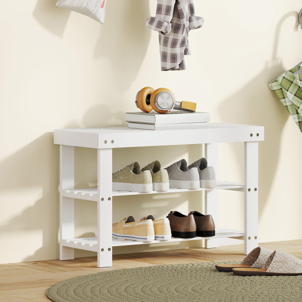 HOMCOM Banco Sapateira de Bambu Organizador de Sapatos com 2 Prateleiras para 6-9 Pares de Sapatos 70x28x45 cm Branco - Image 2