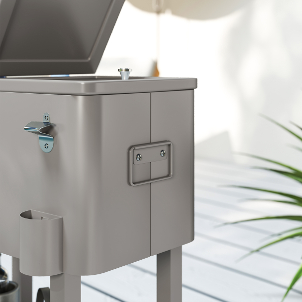Outsunny Carrinho Refrigerador de Bebidas de 56L com Rodas Abridor de Garrafas e Prateleira para Pátio Festas 67x35x80 cm Cinzento Claro - Image 8