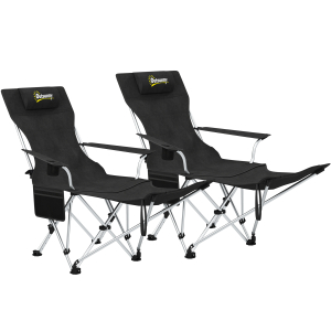 Outsunny Conjunto de 2 Cadeiras Dobráveis Campismo com Apoio para a Cabeça Porta-Copos e Bolsa Lateral 50-100x82x88 cm Preto
