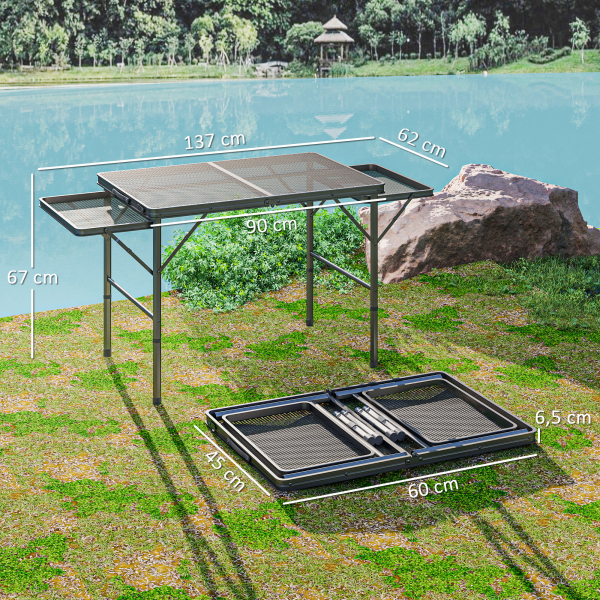 Outsunny Mesa Dobrável Campismo de Alumínio 137x62x67 cm com Laterais Abatíveis Altura Ajustável Bancada Metálica de Grade Preto - Image 3